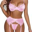 Avidlove Lingerie for Women Underwire Bra and Panty Sets 5 PCS Satin Lace Lingerie Set with Garter Belts Size M