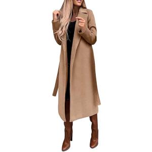 Womens Long Wool Pea Coats Notched Collar Open Front Woolen Blend Trench Coat with Belt (Camel, Medium)