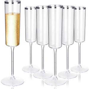 Ciaell 24 Pack Silver Plastic Champagne Flutes - 6 Oz Disposable Champagne Glasses - Square Silver Rim Plastic Toasting Glasses for Party Birthday Anniversary Wedding