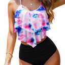 Womens High Waisted Bathing Suits Flounce Halter Tank Top Bikini Bottoms Tummy Control Modest Swimwear Two Piece Swimsuits Tankini Tie Dye Pink L