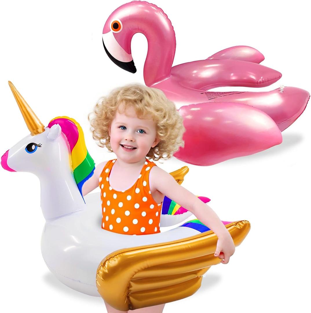 2 Pack Pool Floats for Kids-Unicorn & Flamingo Swim Floats Tubes Kids Pool Floaties, Inflatable Swimming Split Ring Ride On for Age 3-8 Years Girls Boys Summer Party Beach Pool Essentials Water Toys, 34 x 26 x 17 inch