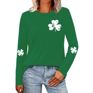 St Patricks Day Shirt for Women Lucky Shamrock T-Shirt Long Sleeve Irish Clover Heart Tee Top (XL)