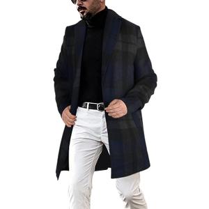 chouyatou Men's Casual Notched Collar Plaid Single Breasted Wool Blend Formal Trench Top Coat (Large)