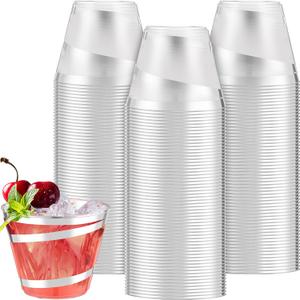 Gejoy 9 oz Rimmed Swirl Plastic Cups Disposable Wine Drinking Cups Clear Elegant Halloween Tumblers for Christmas Party Supplies(Silver,100 Pcs)