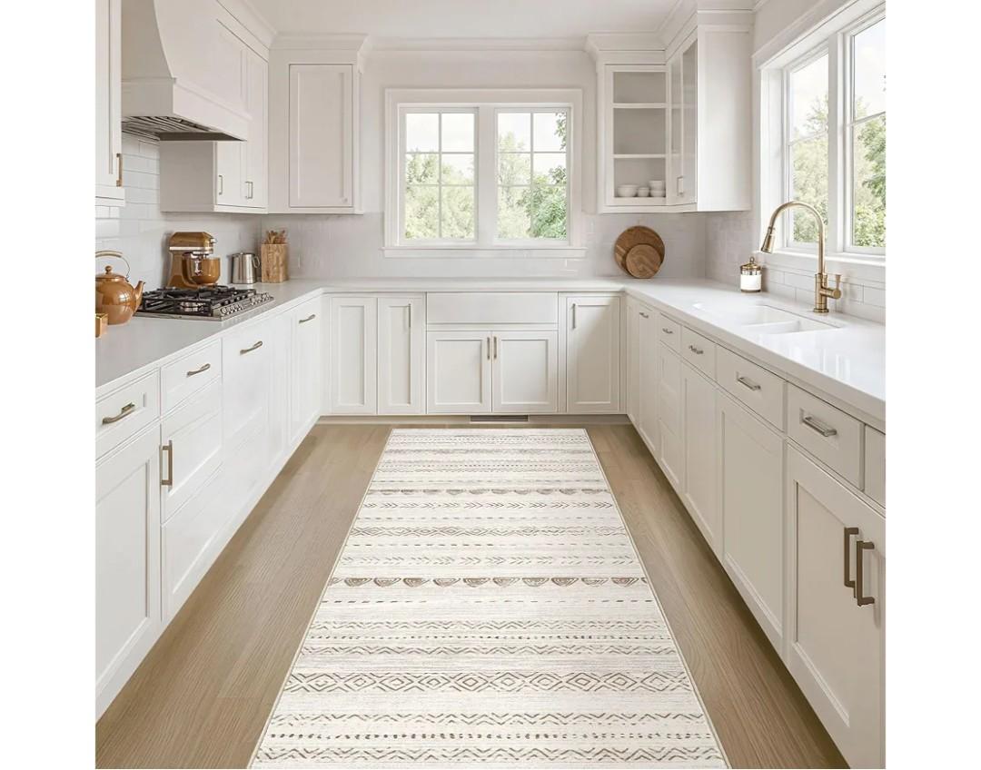 Nakagishi Runner Rug Kitchen Washable Rugs: 2x6 Non-Slip Boho Soft Modern Stain Resistant Indoor Floor Neutral Farmhouse Throw Carpet for Hallway Bathroom Laundry Room Entryway Bedroom- Beige