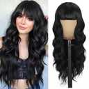 Black Wig with Bangs Curly wavy Wig for Women Long Natural Black Wavy Wigs Skin-Friendly Synthetic Fibersc for Festival Holiday Use 26IN