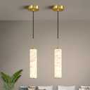 LMQNINE Natural Alabaster Pendant Lights for Kitchen Island White Marble Long Tube Chandelier Modern 4000K Gold Ceiling Light Fixtures for Bedroom Dining Room Table Living Room Hallway(S-2Pack)