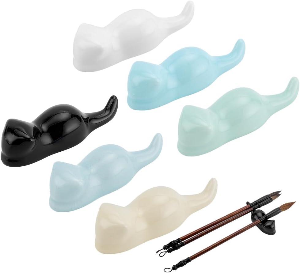 PH PandaHall 6PCS Cats Porcelain Brush Holder, 6 Colors Ceramic Pen Rest Holders Paint Brush Rest Stand for Calligraphy Painting and Art Supplies Colors Desk Organizer Ideal Gift, 1.29x3.7inch