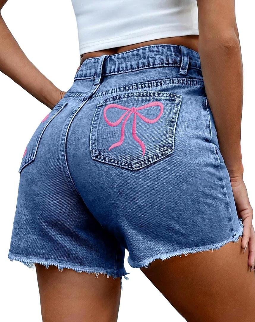 Pink Queen Women's High Waisted Denim Shorts 2026 Casual Star/Bow Frayed Hem Summer Hot Short Jeans with Pockets, M