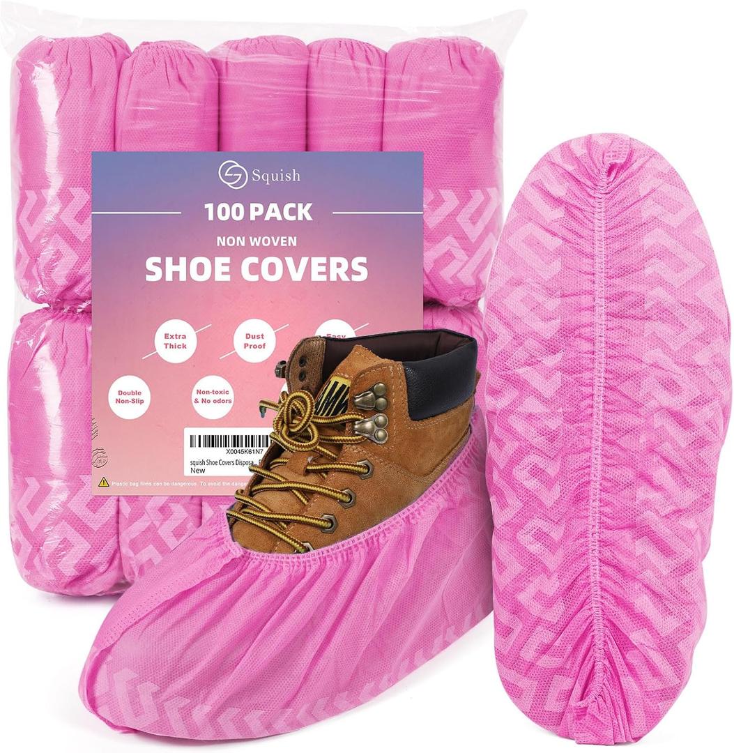 squish Shoe Covers Disposable Non Slip, 100 Pack(50 pairs) Pink Thick Extra Disposable Boot Covers Slip Proof Shoe Cover for Indoors Outdoors Durable Protector Covers Fits Virtually Most Shoes