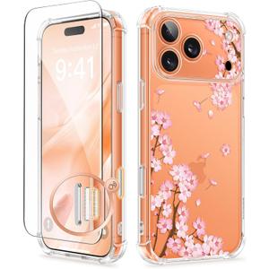 GVIEWIN for iPhone 17 Pro Case with Screen Protector, Upgraded [Full Camera Protection] [Non Yellowing] Floral Slim Shockproof Clear Women Phone Cover for iPhone 17 Pro 6.3" (Sakura/Pink)