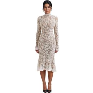 Women Vintage Mock Neck Floral Lace Long Sleeves Midi Dress with Back Zipper Elegant Flowy Bodycon Dresses (S)