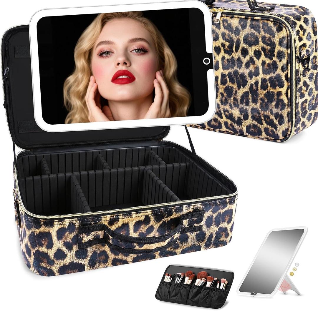 Large Travel Makeup Bag with LED Detachable Mirror, Leopard