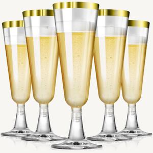 SUREHOME Champagne Flutes Plastic Champagne Glasses Disposable 100 Pack 5 Oz Gold Rim Mimosa Glasses Acrylic Wedding Toasting Cocktail Cups for New Years Eve Party Supplies 2026 New Years Decorations