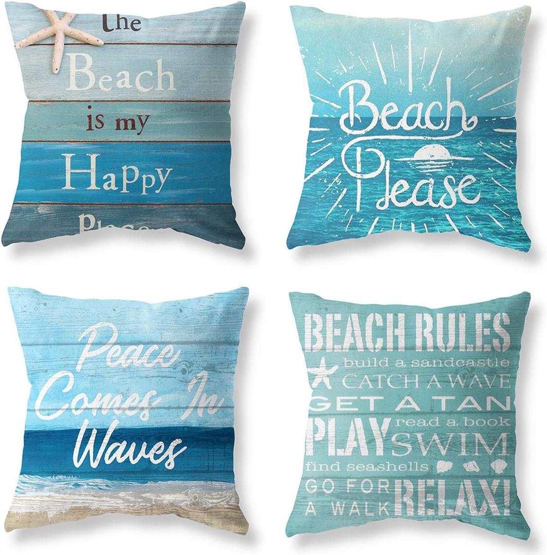Set of 4 Summer Coastal Beach Throw Pillow Covers 18x18 Teal Green Turquoise Pillow Covers Couch Decorative Outdoor Square Linen Pillow Cushion Cases for Living Room Sofa Bed