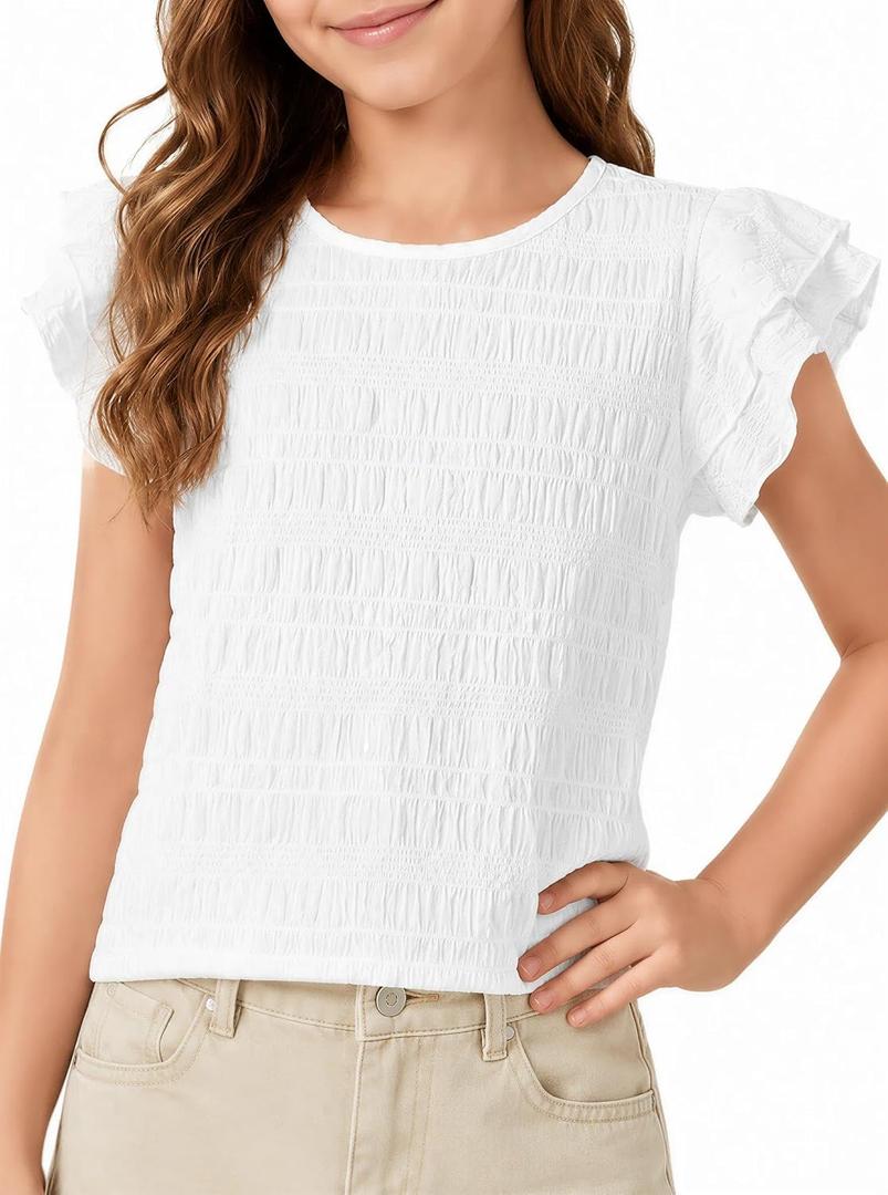 Girls Ruffle Shirt Cute Summer Smocked Cap Sleeve Tops Basic Casual Tees White 9-10 Years (White)
