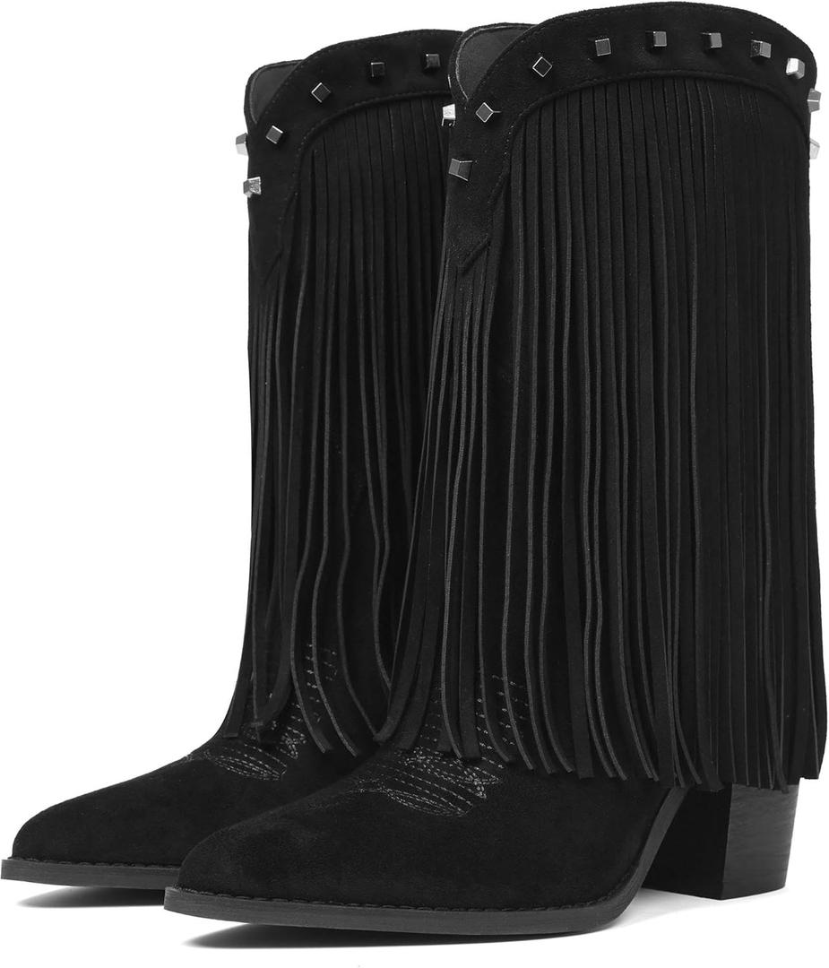 CYNLLIO Fringe Cowboy Boots for Women Cowgirl Western Mid Calf Pull On Boot Pointed Toe Chunky Heel Vaqueras Botas w/Embroidery Studded for Country Concert Rodeo, Size 8.5