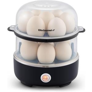 Elite Gourmet EGC1215B Easy Egg Cooker, Stainless-steel Heating Plate, Two-Tiered, 14-Egg Capacity, Soft, Medium, Hard-Boiled, Auto Shut-Off, Omelets, Poached Eggs, Measuring Cup, Piercing Pin, Black