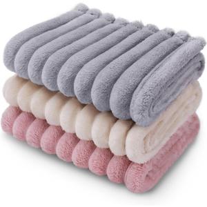 LINENLUX 1 Pack 3 Soft Fleece Dog Blanket for Pet Washable Warm Cat Puppy Fluffy Calming Flannel Beige/Pink/Grey Small 23x16
