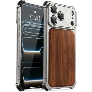 OATSBASF for iPhone 17 Pro Case, Full Camera Protection, Compatible with MagSafe Charger, Metal Frame Wood Grain Back Panel Phone Case, Natural Titanium