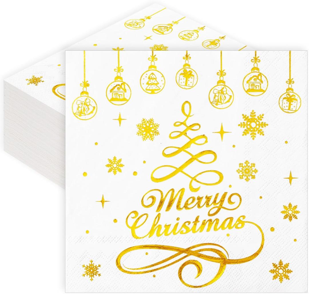 Whaline 80Pcs Christmas Paper Napkins 6.5 In Gold Foil Disposable Napkins Christmas Tree Dinner Napkins Xmas Luncheon Napkins for Winter Holiday Party Supplies