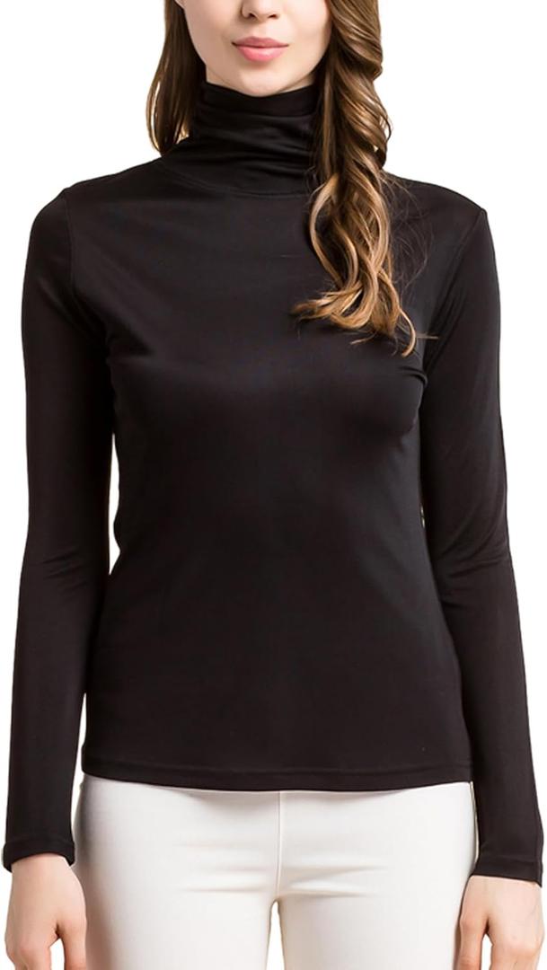 Silk Tops Turtleneck Long Sleeve Silk T Shirt Ultra Soft Thermal Layer Tops Slim High Neck Blouse (Black, XL)
