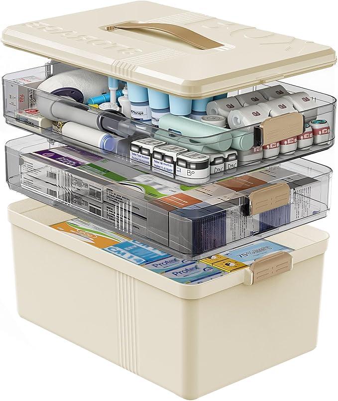 Gifhomfix 3 Tier Medicine Cabinet Organizer Large Capacity Medicine Organizer, Portable Medicine Box with Handle, Multipurpose Medical Box with Removable Tray, First Aid Boxes Empty, White