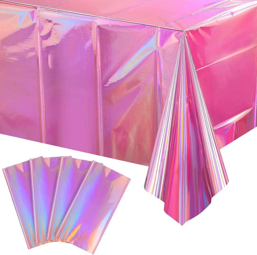 4 Pack Iridescent Pink Plastic Tablecloths, FunnyPars Shiny Disposable Laser Rectangle Table Covers, Holographic Foil Tablecloth Iridescent Party Decorations for Kpop Birthday Wedding Xmas, 54x108Inch