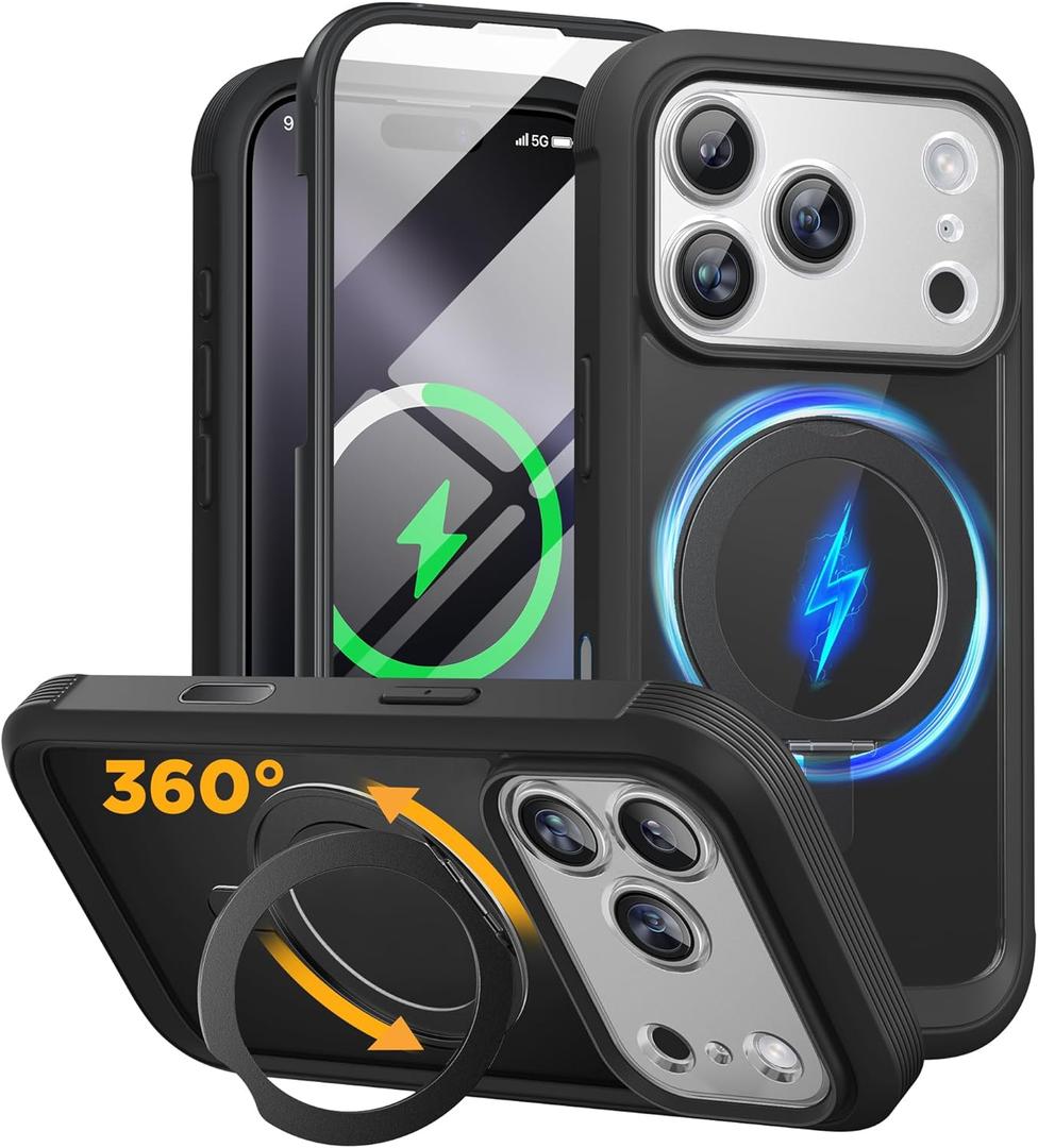 Miracase for iPhone 17 Pro Max Case with 360 Magnetic Ring Stand [Compatible with Magsafe] Full-Body Drop Proof Bumper Phone Case with Built-in 9H Tempered Glass Screen Protector, Black