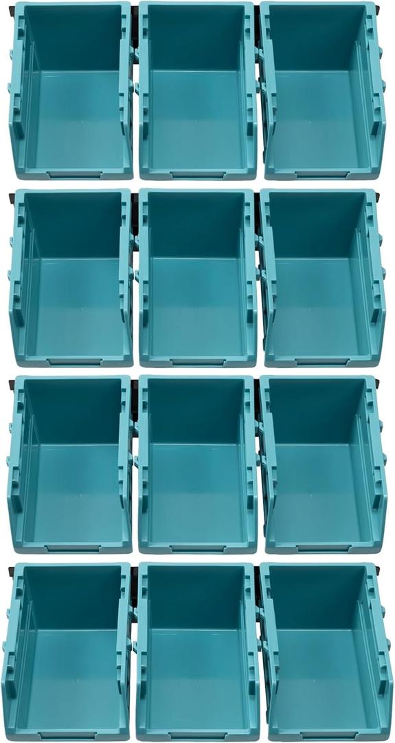 Navaris Storage Bins - Interlocking Plastic Van Boxes - Wall Mounted Compartments for Screws Nails Small Tool Parts - Workshop Garage Drawer Shed Organiser - 12 Bins & 3 Rails