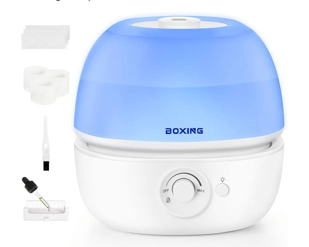 BOXING 3L Cool Mist Humidifier, Ultra Quiet 20dB for Bedroom, Baby & Office, Top Fill Air Humidifier for Home Office & Indoor Plants, 30H Runtime, Essential Oil Tray, Night Light, BPA-Free, WhiteAmazon's Choice