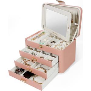 KAMIER Jewelry Organizer Box for Women - 4 Layer Drawer Jewellery Storage with Lock and Mirror - Jewelry Case for Necklaces Rings Bracelets Earring Holder Organizers (Pink)