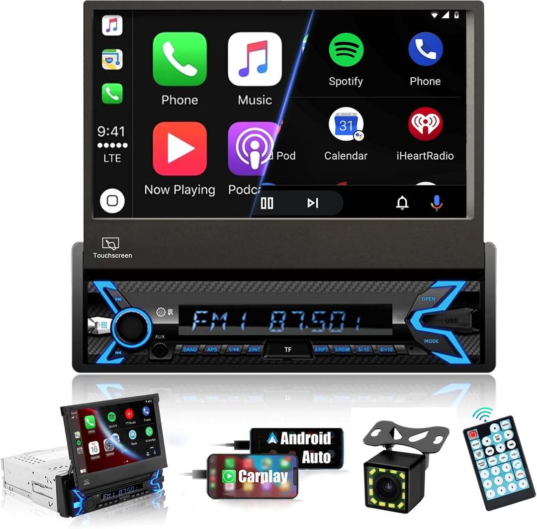 Single Din Car Stereo Compatible with Apple Carplay & Android Auto, 7 Inch Motorized Flip Out Foldable HD Touchscreen,Backup Camera, with Bluetooth/Mirror Link/Camera/FM/USB/SWC/TF/AUX (Black)