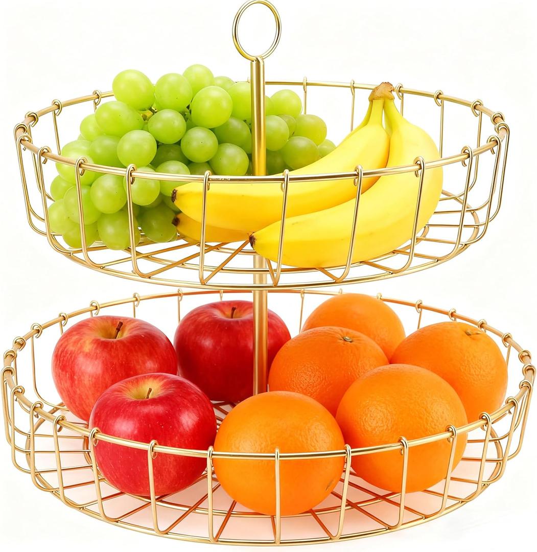 Kuuleyn Tiered Fruit Bowl, 2 Tier Gold Fruit Basket, Golden Fruit Basket Iron Round Golden Nordic Household Snack Storage Tray For Party Desktop Kitchen