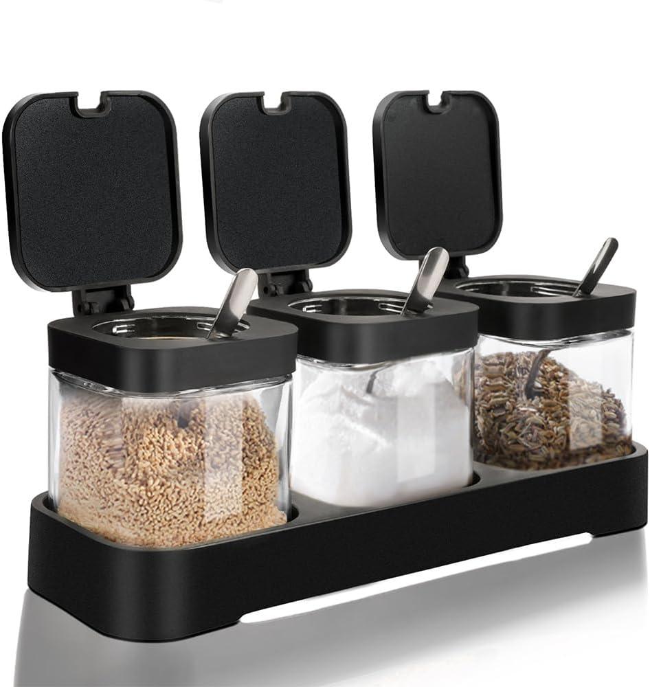 JEPELUS 3 Pcs Condiment Jar Spice Container with Lids and Spoons, Clear Square Salt and Sugar Container Sets, Seasoning Box Caddy Canisters for Kitchen Toppings Masala Box (Black)
