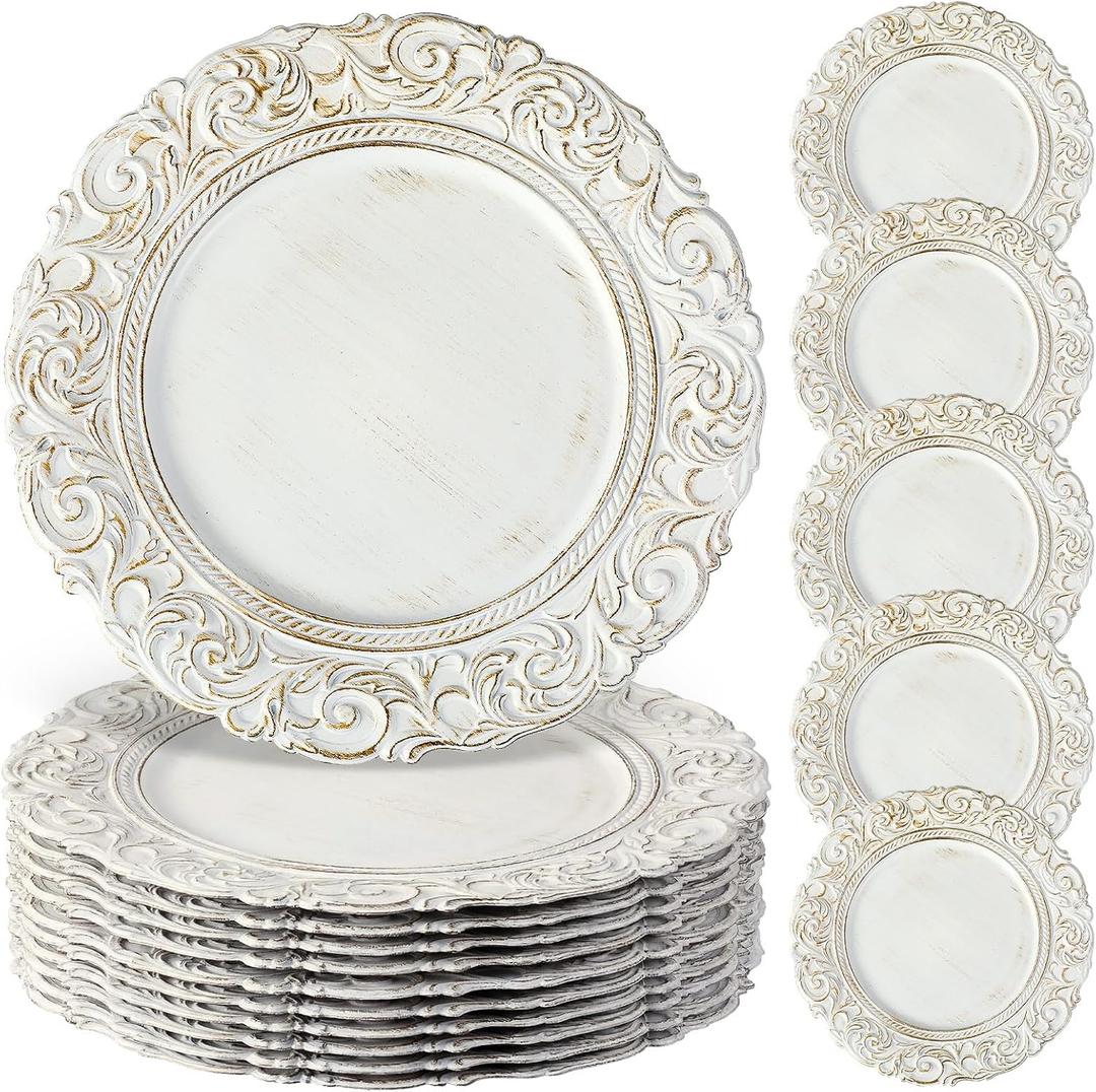 50 Pcs Antique White Charger Plates Bulk Plastic 13", Classic