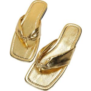 GORGLITTER Women's Flip Flops Flat Sandals Dressy Metallic Square Toe Thong Vacation Summer Weeding Slides Sandals (10.5, Gold)