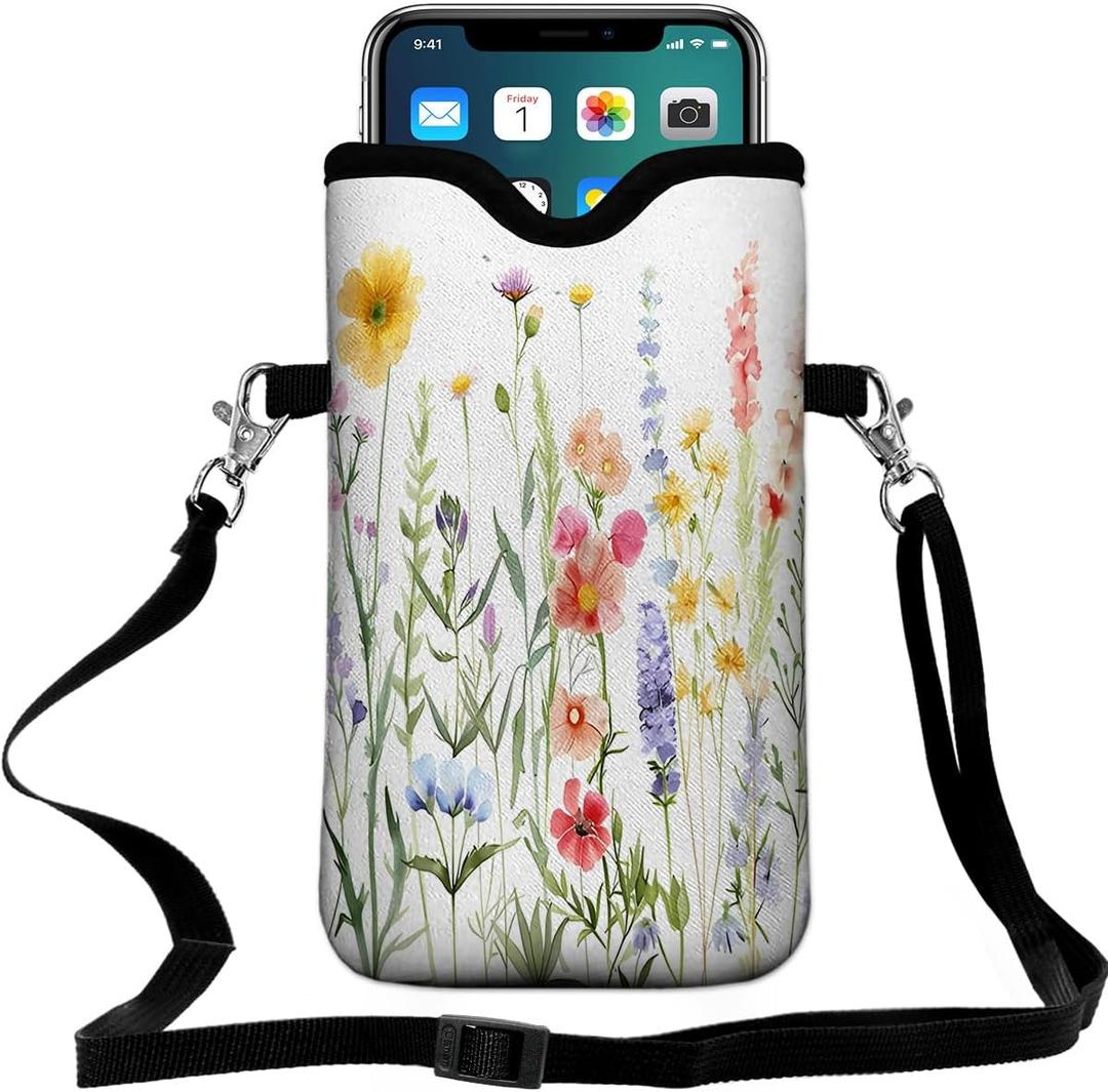 Neoprene Cell Phone Pouch 7.5 X 4.3 in Cloth Mobile Protection Case Bag with Crossbody Strap Neck Lanyard Cell Phone Case Colorful Floral Pattern