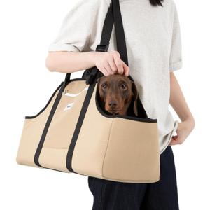 ETIAL Dachshund Shoulder Carrier Bag, Ergonomic Pet Sling with Adjustable Handheld & Crossbody Strap, Lightweight Ventilated Dog Purse for Small Long-Bodied Breeds, Safety Leash (Tan)