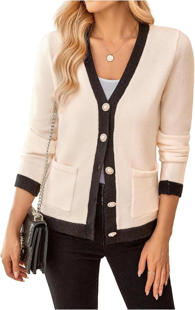 WDIRARA Women's Casual Flap Detail Button Front Cardigan V Neck Long Sleeve Contrast Trim Coat (S)