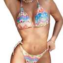 Women's 2 Piece Boho Tropical Print Halter Triangle Swimsuit Cheeky String Bathing Suit (Large, Multicolor)