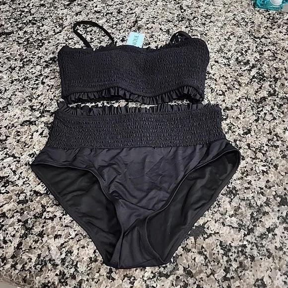Yonique Women's Bandeau Bikini Set Two Piece Smocked Swimsuits Ruffle Off Shoulder Bathing Suit with High Waisted Bottoms s