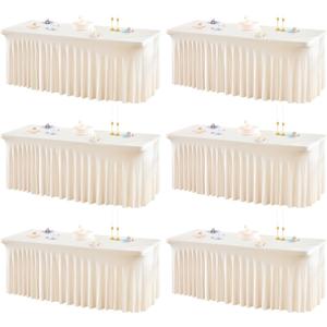 6 Packs Ivory Table Clothes for 8 Foot Rectangle Tables, One-Piece Wrinkle Resistant Stretch Spandex Table Covers with Skirt for Event Banquet Wedding Birthday Party, 96" x 30"