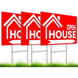 3X Double Sided 12x16 Open House Sign for Real Estate Agent Supplies for Sale Plastic Signs with H Wire Stakes - Realtor Supplies for Sent Houses for Sale Yard Sign - Moving Sale Directional Signs Kit