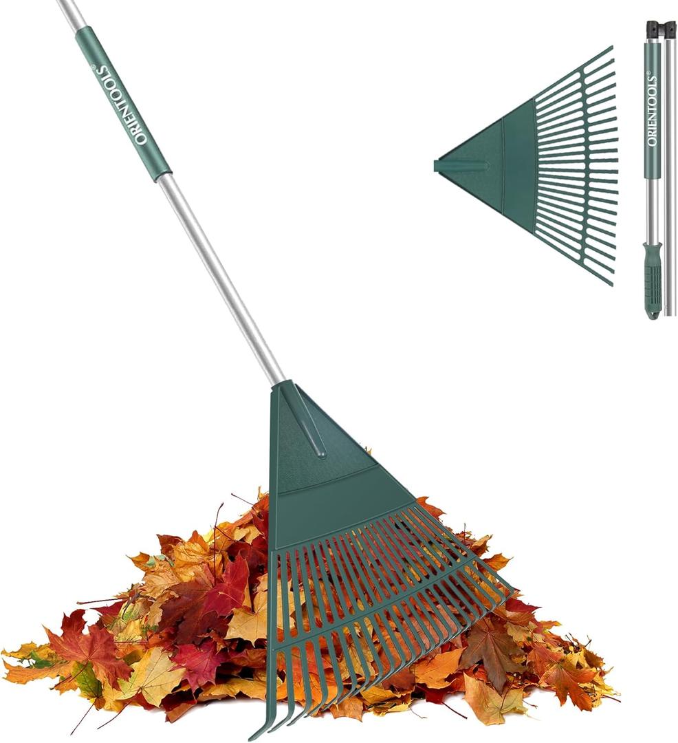 ORIENTOOLS 69" Adjustable Leaf Rake with 5-Section Handle, 26-Tine Durable Plastic Head, Dual-Use Design Converts to Leaf Scoops, Lightweight Yard Rake for Lawns, Grass, Shrubs & Garden (Foldable)