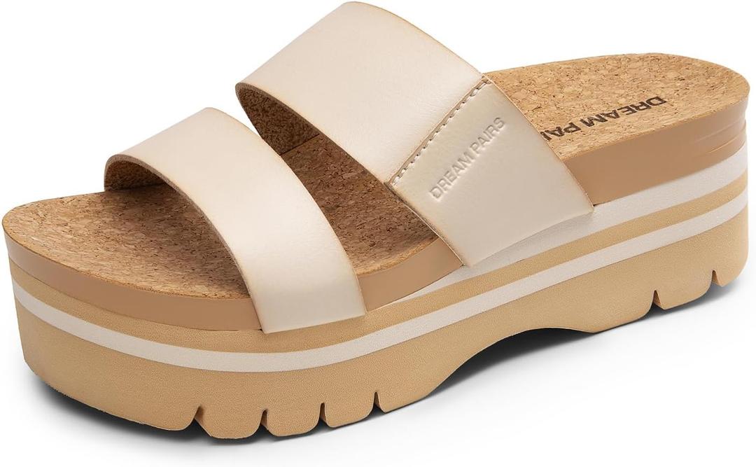 DREAM PAIRS Women's Platform Slides Sandals Comfortable Arch Support Footbed Two Strap Slip-on Fashion Beach Wedge Sandals (10, Beige)