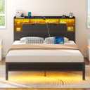 Rolanstar Full Size Bed Frame with Headboard, LED Bed with Bookcase Storage and Charging Station, Metal Platform Bed with Glass Shelves, No Box Spring Needed, Noise-Free, Black