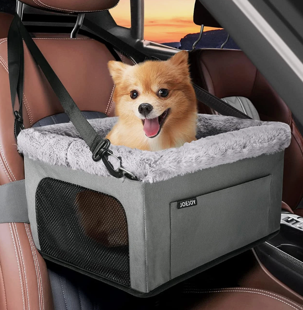 Deluxe Dog Booster Seat with Sturdy Metal Frame and Safety Leash for Small Pets up to 20 lbs - Portable Puppy Dog Car Seat with Thick Cushion and Storage Pockets for Small Dogs
