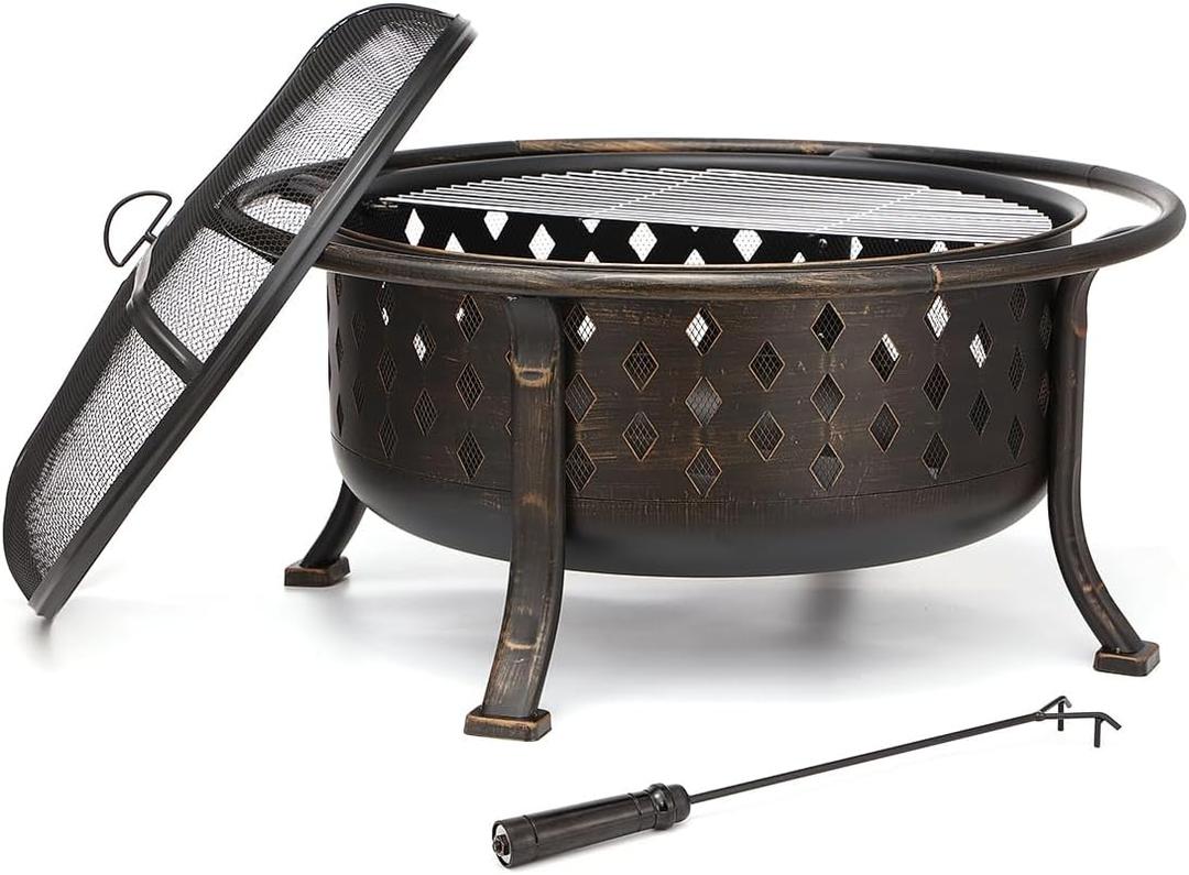 36 Inch Fire Pits for Outside Outdoor Wood Burning Firepit with BBQ Grate Large Heavy Duty Steel Firepit Bowl Bonfire Pit for Patio Backyard Garden Camping