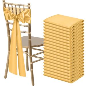 50 PCS Gold Satin Chair Sashes Bows Universal Chair Ribbon Ties Back Sash for Wedding Party Reception Events Banquets Hotel Event Chair Cover Decoration (7x108 inch)